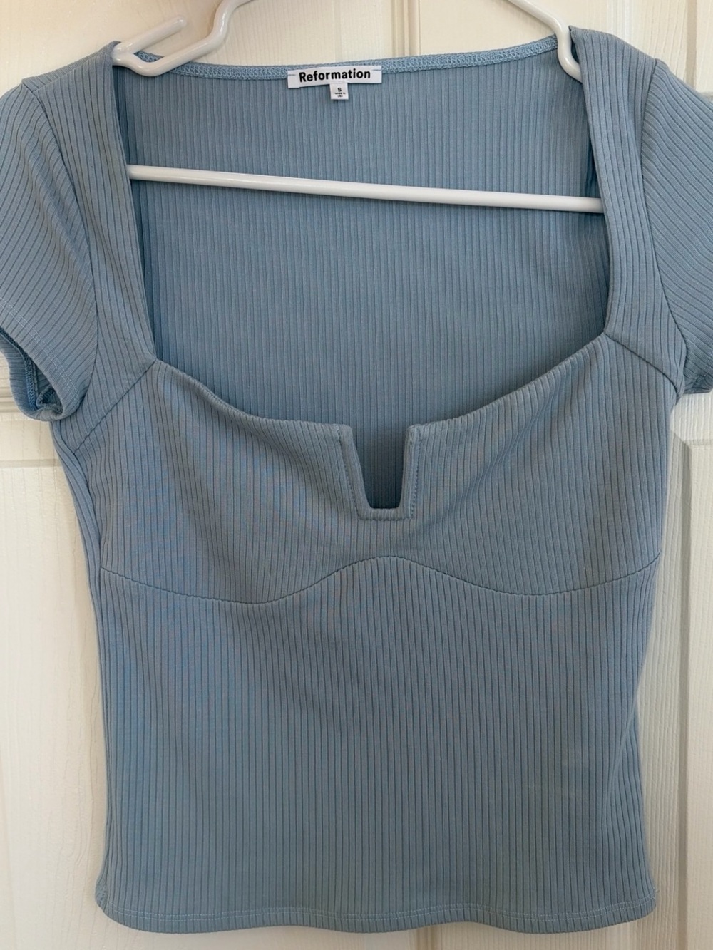 Reformation Dusty Blue Ribbed Square V-Notch Crop Top